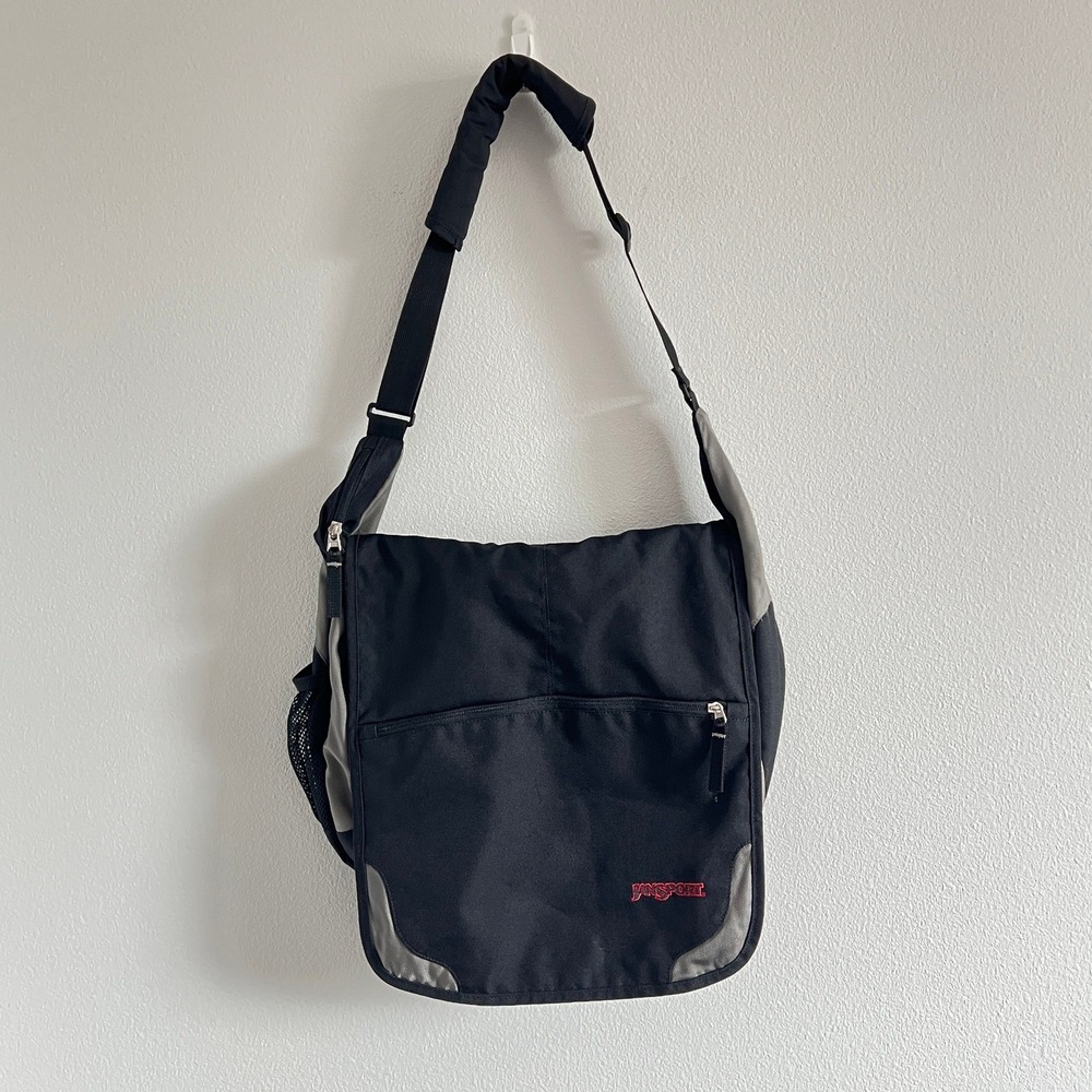 JanSport Black & Gray Techwear Laptop Crossbody Messenger Bag Y2K Grunge Skater